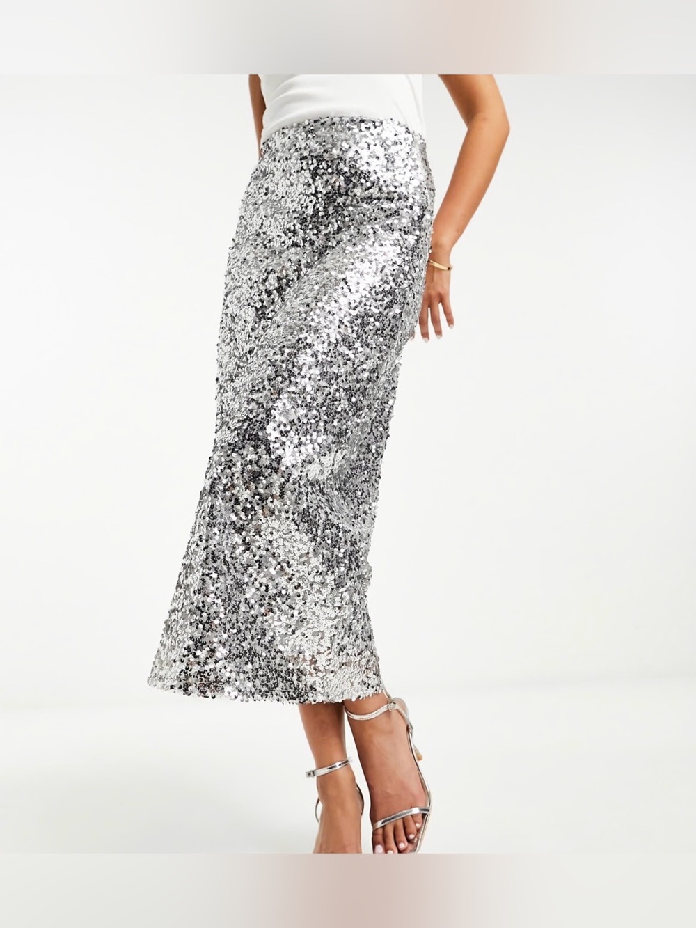 ASOS Silver Sequin Midi Skirt - Elegant Sparkle